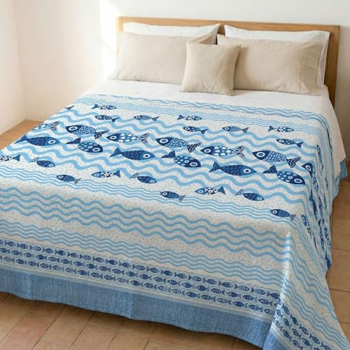 HomeLife Copriletto Matrimoniale Estivo Cotone Piquet 100% Made In Italy - Fresca Coperta Matrimoniale Cotone, Leggera e Traspirante per l'Estate con Fantasia Pesciolini, Blu - 260x280