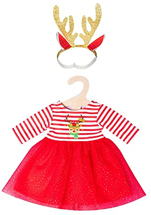 Heless 1151 - Weihnachts-Kleid für Puppen im Design Rentier Rudi, inklusive Haarband mit prachtvollem, goldenen Geweih, Größe 28 - 35 cm