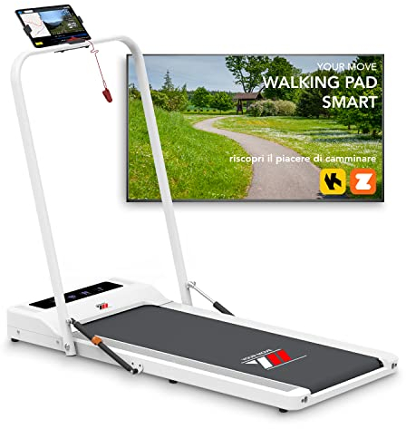 YM Elektrisches Laufband & Walking Pad (2 in 1), weiß, platzsparend, mit Halterungsleiste und Tabletanschluss, integrierte Bluetooth-Lautsprecher, KINOMAP und ZWIFT, Fernbedienung zur Uhr, 6 Programme