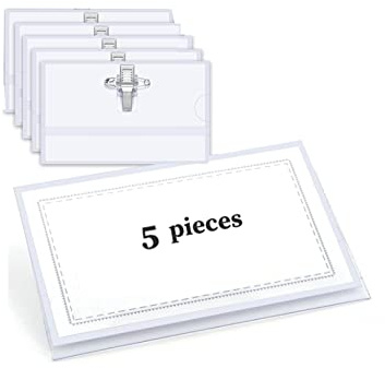 Lot de 5 badges d'identification horizontaux en plastique transparent avec pince crocodile et épingle à nourrice pour l'école, le bureau, les événements d'entreprise, les conférences (9 x 5,6 cm)
