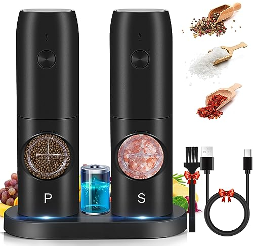 Viitech Macinasale e pepe elettrico con base USB, 2 in 1 S/P regolabile grossolanità, set ricaricabile per sale e pepe con luce LED, macinaspezie elettrico per spezie