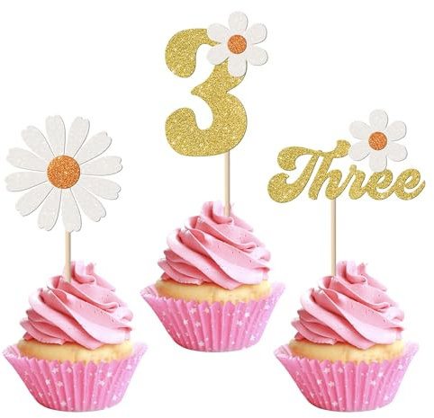 Lot de 24 décorations de cupcakes à paillettes pour 3e anniversaire Motif marguerites printanières Chrysanthème Troisième anniversaire Pour fête d'anniversaire d'enfant Doré