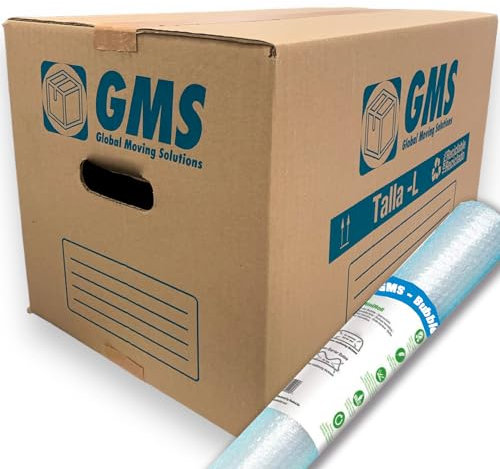 20 Cajas Cartón Mudanza 50x30x30cm Talla L de 45 litros + Burbuja 6x0,6m Para Mudanzas y Almacenaje con Asas y Con Burbuja. Cartón Alta Resistencia (20 Cajas - 50x30x30cm + Burbuja)