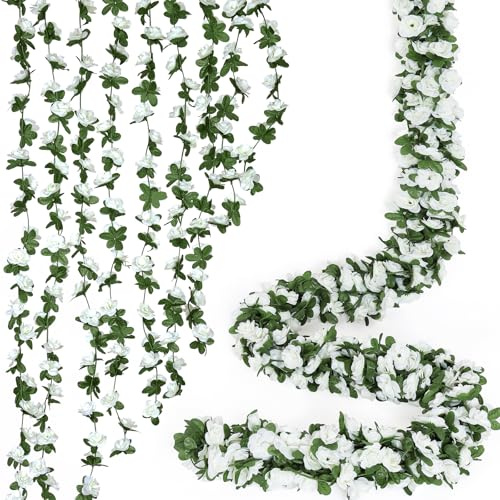 ASTNIC 9 ghirlande di fiori artificiali bianche con piante di eucalipto e fiori di seta, per interni ed esterni, feste, giardino, decorazione da parete (bianco)