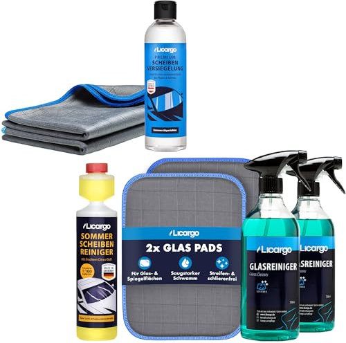 LICARGO Scheiben Set Pro Pads - 2X Glasreiniger Auto (750ml) - 1x Scheibenversiegelung Auto (250ml) - Scheibenreiniger Konzentrat 1:100 (250 ml) - 2X Glas & Scheiben Pads & Carbontücher