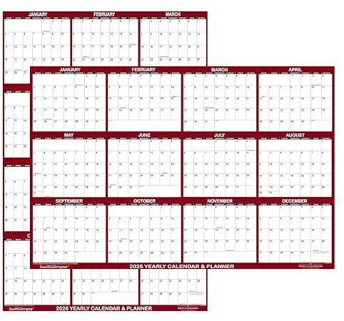 18 x 24 SwiftGlimpse 2026 Wall Calendar Erasable Large Wet & Dry Erase Laminated 12 Month Annual Yearly Wall Planner, Reversible, Horizontal/Vertical, Maroon