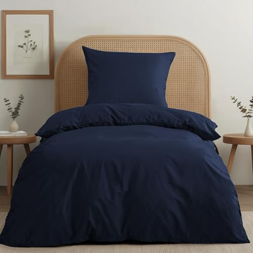 Dreamzie Bettwäsche-Set 135x200 aus Baumwoll-Perkal – Dunkelblau – Bettbezug 135x200 und 1x Kissenbezug 80x80 cm – Oeko-Tex Zertifiziert