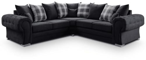 Chesterfield Corner Sofa Set - 2C2 Large Suite - Black Verona 3+2 Seater L-Shaped Fabric Sofa with Armchair, Soft Scatter Back Cushions, Luxury Comfortable Living Room Couch (Black, 2C2 Corner Sofa)