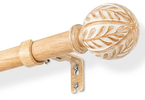 DEFYNEE Extendable Curtain Poles 76-305 cm | 25mm Metal Core with Wood Effect | Leaf Design Finials Curtain Rod for Windows & Doors, Brown