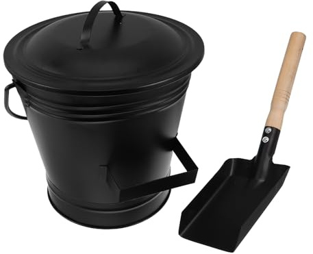 SMASOLO Set Secchio e Pala per Cenere in Metallo con Coperchio Resistente al Calore, Manico Antiscivolo per Caminetto e Braciere da Esterno, Kit Utensili per Pulizia Stufa a Legna e