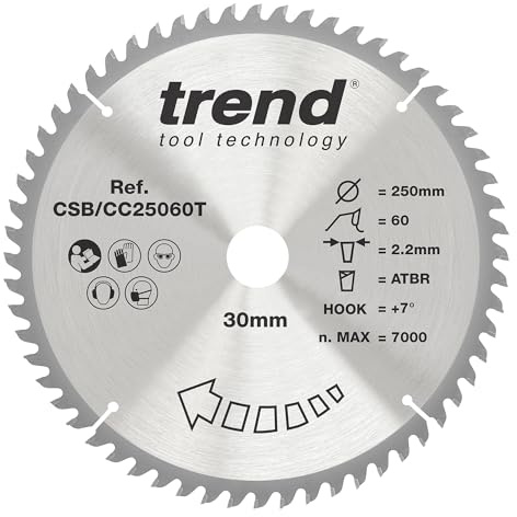 Trend Wood Cordless ATBR Mitre Saw Blade, 250mm Diameter, 30mm Bore, 60 Teeth, 2.2mm Kerf, +7° Hook, TCT, Fine Finish, CSB/CC25060T
