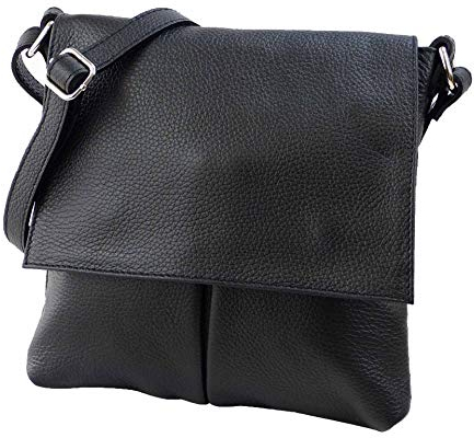 SH Leder Echtleder Umhängetasche Schultertasche Crossover aus Gernarbt Rindleder 26x25cm Kim G182 (Schwarz)