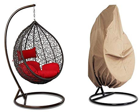 Island Gale Luxury Hanging Hammock Porch Rattan Wicker Swing Chair with Free Cover Outdoor Egg Chair with Cushion (REd)