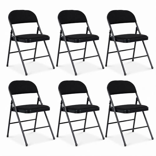 Bravich Folding Chairs Set of 6, Padded Fabric Foldable Dining Office Bedroom Vanity Chairs with Steel Frames, Fold Flat for Easy Storage, Black, Pack of 6