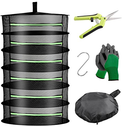 Uolor Rete Essiccazione Erbe, 6 Strati Stendino per Erbe Aromatiche, Rete da appendere, Essiccatore Per Erbe Rotondo Pieghevole,Con Forbici, Gancio A S E guanti, Per Erbe,Fiori,Lampadine,Pesce, etc