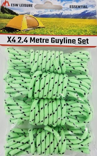ESW LEISURE Guyline Ropes 4 Pack For Tents Awning Camping Strong Lightweight Paracord Guy Rope With Tensioner Guy Lines Fishing Umbrella Bivvy Caravan Gazebo Tarp (Glow In The Dark, 2.4 Metre 4 Pack)