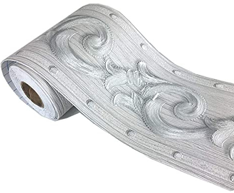 tooloflife 2 Rotoli Bordo per Carta da Parati Elegante Floreale Argentato Autoadesivo per Soffitto Domestico Bordo Decorativo Rimovibile in PVC con Vita in Rilievo e Trasferimenti per Piastrelle