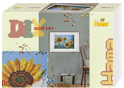 Hama - Boite Pixel Art Tournesols - 10.000 perles et 6 plaques - Perles à repasser Taille Midi - Loisirs créatifs 3608 Jaune/Marron/Bleu/Vert