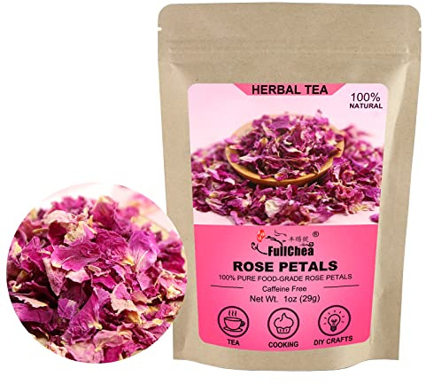FullChea - Dried Rose Petals - 1oz/29g - Edible Flowers Real Rose Petals - Non-GMO - Caffeine-free - Use in Tea, Baking, Crafting