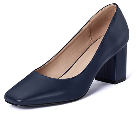 GENSHUO Escarpins à Talons Bas épais pour Femmes, Bout carré, Talons carrés, Bout fermé, Chaussures de Travail pour Bureau, église, Mariage, Bleu Marine, 41 EU