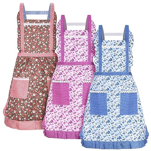 Zhanmai 3 Pcs Women Floral Aprons with Pocket Soft Kitchen Chef Aprons for Women Cooking Gardening(Floral)