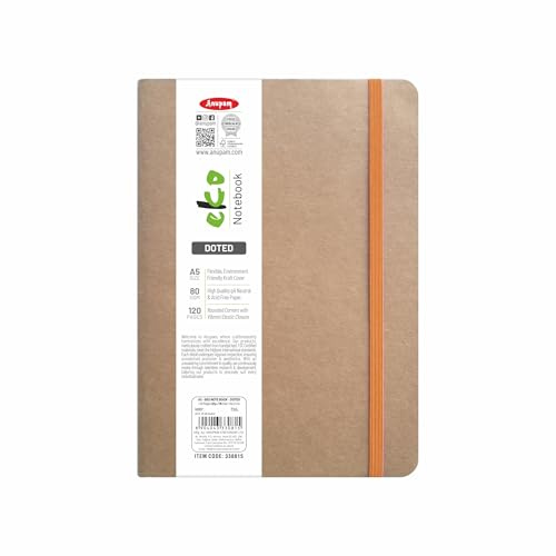 Anupam Eko A5 prickigt rutnät journal, 80 GSM, 120 sidor, miljövänligt kraftskydd, neonelastisk stängning, pH neutralt syrafritt papper, rundade hörn, kulanteckningsbok för planering och skissning
