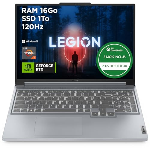 Lenovo Legion Slim 5 16APH8 - Ordinateur Portable Gaming 16'' WQXGA 240Hz (AMD Ryzen 7-7840HS, RAM 16Go, SSD 1To, NVIDIA RTX 4070 8Go, Windows 11 Home) Clavier rétroéclairé AZERTY Français - Gris