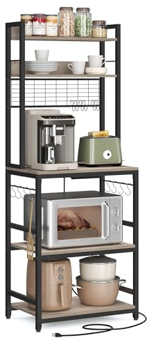 VASAGLE Küchenregal, Standregal mit Steckdosen, Mikrowellen-Regal, mit Gitterplatte, 14 Haken, 40 x 60 x 170 cm, Greige-schwarz KKS037B02EU