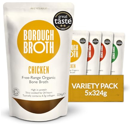 Classic Organic Bone Broth Bundle by Borough Broth - Chicken, Beef & Lamb - Free Range & Grass Fed - Source of Collagen & Protein, Low Calorie, Gluten-Free, Chilled, 5 x 324g