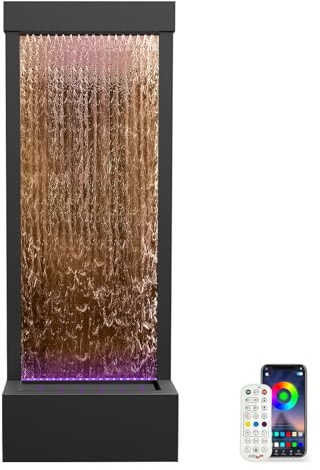 Longrun großer Gartenbrunnen, LED beleuchteter Zimmerbrunnen Wasserfall, 121 cm Bronze Spiegel Zimmerwasserwand mit Pumpe