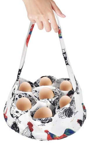 20cm Cesta de Recogida de Huevos con 7 Bolsas, Cesta de Recogida de Huevos de Tela Portátil, Bolsas de Recogida de Huevos con Mango, Cesta de Recolección de Huevos para Recoger Huevos Frescos (Blanco)