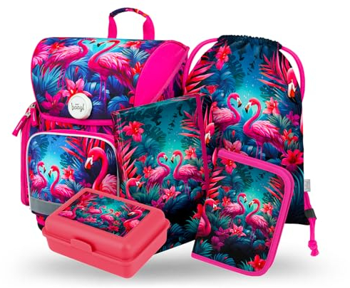 Baagl Schulranzen Set Jungen 5 Teilig, Ergo Schultasche ab 1. Klasse, Ergonomische Grundschule Ranzen mit Brustgurt (Flamingos)