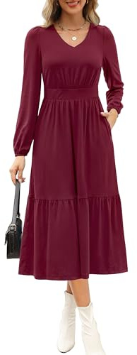 Kranda Vestido midi de manga larga abombada con cuello en V para mujer, casual, plisado, con volantes, con bolsillos, Rojo vino, M