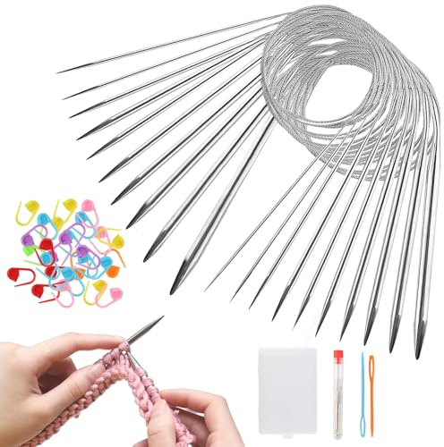 80cm Circular Knitting Needles Set, 9Pcs Stainless Steel Round Knitting Needles, 2.5-10mm Ergonomic Fixed Lace Knitting Needle with Case 11 Sewing Needles 100 Stitch Markers for Weaving Sweater Scarf