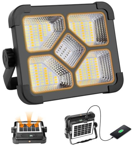 ERAY Foco LED Recargable, Luz de Trabajo Portátil con Batería de 6000mAh/IP66/4 Modos de Luz/174 LEDs/Panel Solar/Banco de Energía, Foco LED Bateria para Camping, Emergencia, Trabajo, Pesca