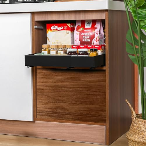 Pull Out Cabinet Organizer – Adjustable Sliding Shelf Inserts for Cabinets - Expandable Shelf Organizer from 12.6 to 20.5 – No Drill or Screw Install (Black, 1 Pack)