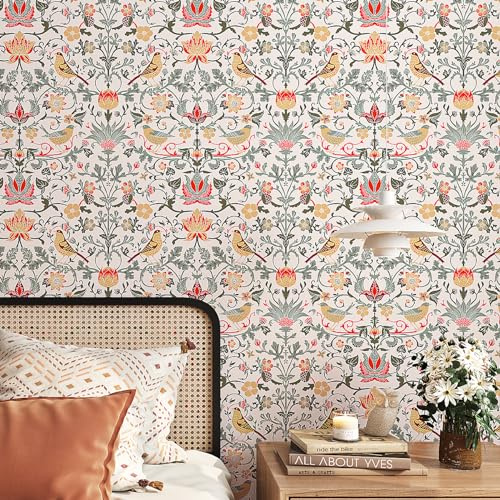 ReWallpaper Carta Da Parati Autoadesiva Beige 44.5CMx12M Carta Da Parati Floreale Vintage Uccelli Impermeabile Pellicola Adesiva per Mobili Cucina Bagno Rotolo Adesivo Parete Sfondo Soggiorno