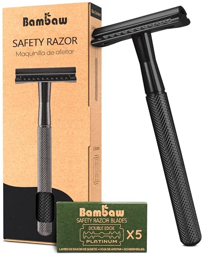 Bambaw Maquinilla de Afeitar Clasica con 5 Cuchillas, Afeitadora Manual para Hombre, Compatible con Todas las Cuchillas de Afeitar Doble Filo, Maquinilla Clasica para Mujeres y Hombres - Negro