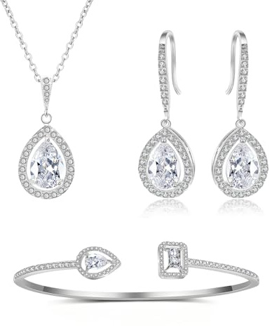 Glintara Bröllopssmycken för kvinnor, 3 stycken brudsmycken set med vita droppar zirkon, halsband med vattendroppar hänge & krokar örhängen & armband, diamant brudsmycken set för bröllop, Sten, Kubisk