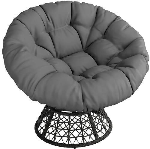 Yaheetech Egg Moon Papasan Chair with Comfy Cushion, 360° Swivel Oversized Round Reading Armchairs Lounger for Living Room/Indoor/Outdoor, Grey