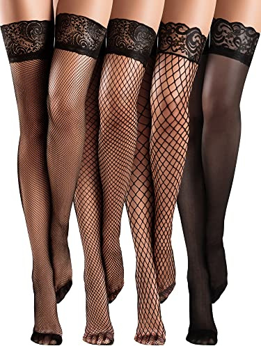 Bencailor 4 Paires Bas Résille en Dentelle Bas Autofixants Transparents en Silicone pour Femme(Noir,S)