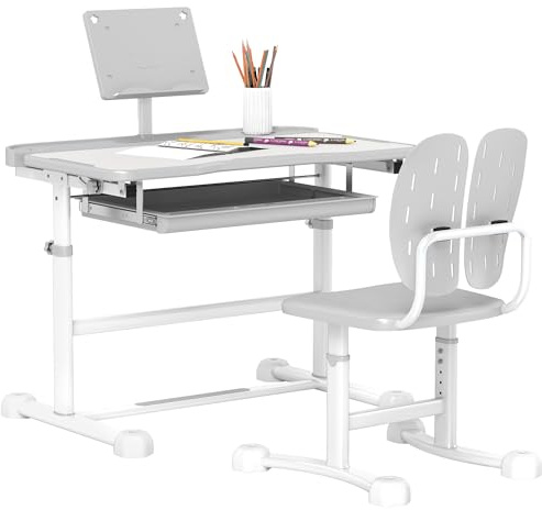 AIYAPLAY Bureau Enfant avec Chaise, Ensemble Bureau et Chaise pour Enfants avec Plateau inclinable à 45°, Hauteur réglable, tiroir et Porte-Livre, pour Enfants de 3 à 12 Ans, Gris