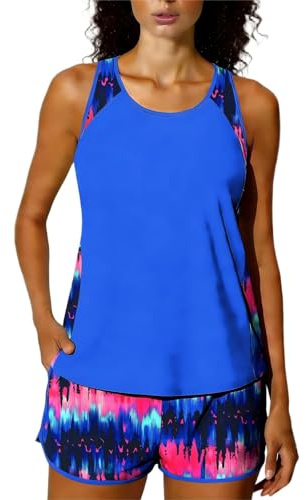 Tankini Sets for Women 2 Piece Swimming Costume Athletic Bathing Suits Hawaiian Tropical Print Modest Swimwear Loose Fit Tank Top with Swim Shorts Padded Sports Swimsuits Ladies Beachwear