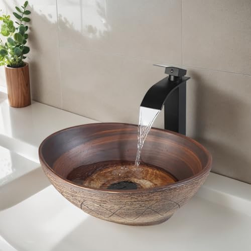 Kiciykc Ceramic Oval Bathroom Sinks 410x320x140mm | Retro Countertop Sink with Mixer Tap and Pop-Up Waste Set, Vintage Ceramic Wash Basin, Brown Basin Sink for Bathrooms