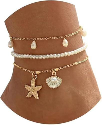 EKKONG Chevilles à Coquillage,Bracelets de Cheville en Perles pour Femmes, Bracelet Cheville Coquillage Ensemble de Bijoux d'Été Hawaïen