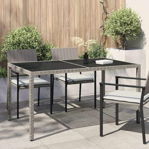 Holekex Mesa de jardín de polirratán gris 150 x 90 x 75 cm con vidrio templado y acero pulverizado, fácil de limpiar, para terraza, balcón, exterior, espacio para comer, decoración, plantas, café