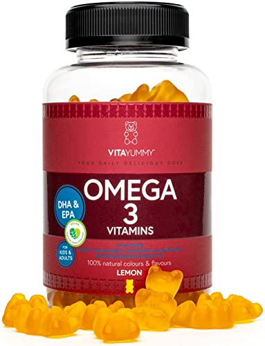 VITAYUMMY Ositos de goma Omega 3,sabor limón | Suplementos vitamínicos veganos, naturales y sin gelatina para niños y adultos | Grasas saludables de algas | 60 gomitas, suministro para 1 mes.