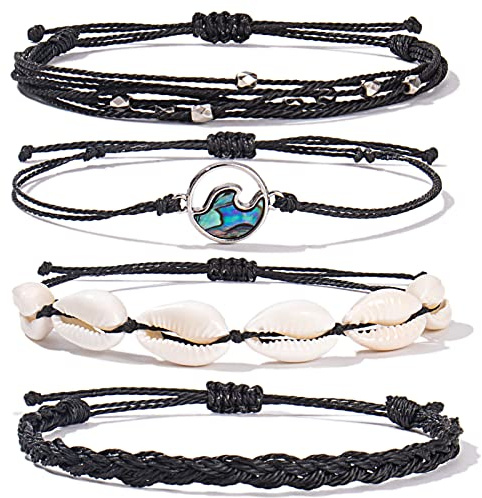 FANCY SHINY Wave String Bracelets Braid Puka Shell Bead Bracelets Handmade Cute Trendy Abalone Boho Jewelry Gifts for Women(Black)
