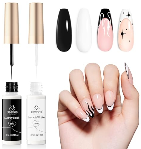 Beetles 2 Stk Nail Liner Gel Nagellack Schwarz Weiß, Nail Art Gellack für Nagel Malenfür Wirbel Euphoria Nägel Dünner Nailart Pinsel, UV Soak-off Nagellack für Mädchen