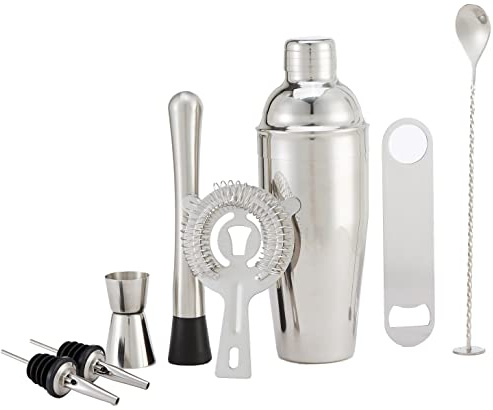 Amazon Basics 8-Piece Stainless Steel Bar Tool Set w/ 710-ml Shaker, Jigger, Strainer, Muddler